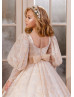 Long Sleeves Beaded Champagne Lace Tulle Flower Girl Dress